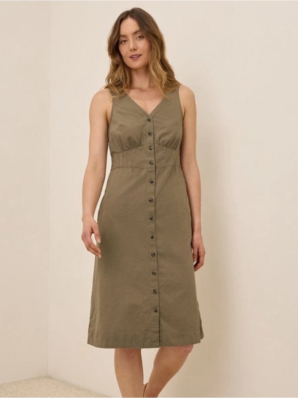 Pact Sleeveless Button-Front Midi Dress in Taupe